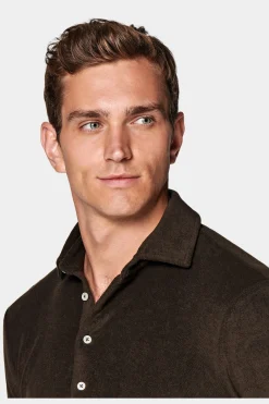 SUITSUPPLY Frottee-Poloshirt Dunkelbraun Langarm-Männlich Poloshirts