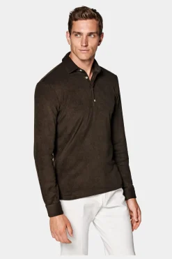 SUITSUPPLY Frottee-Poloshirt Dunkelbraun Langarm-Männlich Poloshirts