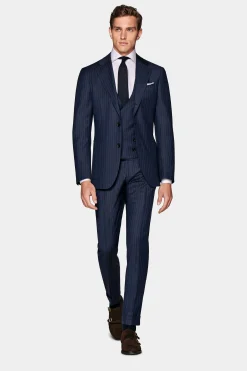 SUITSUPPLY Havana Anzug Dreiteiler Mittelblau Gestreift-Männlich Business Anzüge
