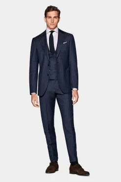 SUITSUPPLY Havana Anzug Dreiteiler Mittelblau Gestreift-Männlich Business Anzüge