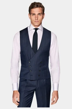 SUITSUPPLY Havana Anzug Dreiteiler Mittelblau Gestreift-Männlich Business Anzüge