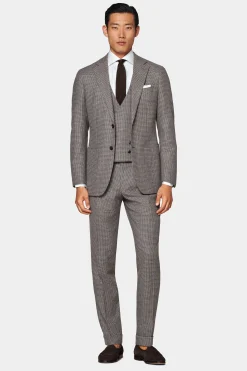 SUITSUPPLY Havana Anzug Dreiteiler Taupe Hahnentrittmuster-Männlich Casual Anzüge