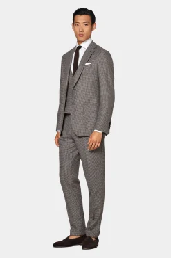 SUITSUPPLY Havana Anzug Dreiteiler Taupe Hahnentrittmuster-Männlich Casual Anzüge