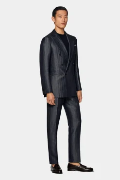 SUITSUPPLY Havana Anzug Mittelblau Fischgrätmuster-Männlich Casual Anzüge