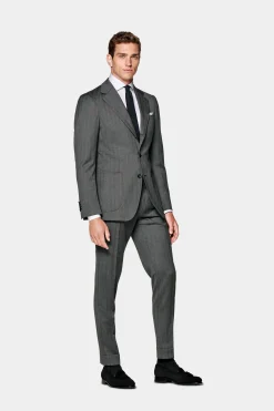 SUITSUPPLY Havana Anzug Mittelgrau Fischgrätmuster-Männlich Business Anzüge