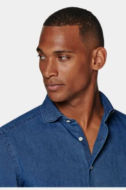 SUITSUPPLY Hemd Blau Slim Fit-Männlich Leinenhemden