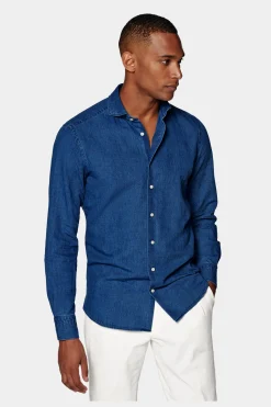 SUITSUPPLY Hemd Blau Slim Fit-Männlich Leinenhemden