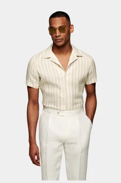 SUITSUPPLY Hemd Hellbraun Gestreift Camp-Kragen Slim Fit-Männlich Leinenhemden