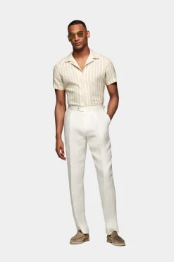 SUITSUPPLY Hemd Hellbraun Gestreift Camp-Kragen Slim Fit-Männlich Leinenhemden