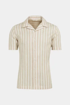 SUITSUPPLY Hemd Hellbraun Gestreift Camp-Kragen Slim Fit-Männlich Leinenhemden