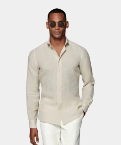 SUITSUPPLY Hemd Sand Slim Fit-Männlich Leinenhemden