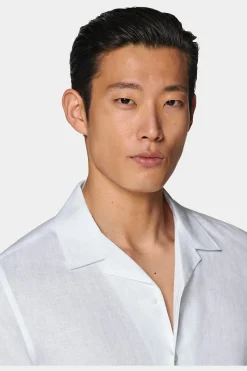 SUITSUPPLY Hemd Weiss Campkragen Slim Fit-Männlich Leinenhemden