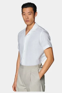 SUITSUPPLY Hemd Weiss Campkragen Slim Fit-Männlich Leinenhemden