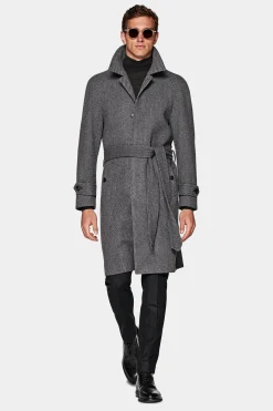 SUITSUPPLY Mantel Dunkelgrau Fischgrätmuster Gürtel-Männlich Elegante Mäntel
