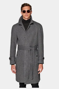 SUITSUPPLY Mantel Dunkelgrau Fischgrätmuster Gürtel-Männlich Elegante Mäntel