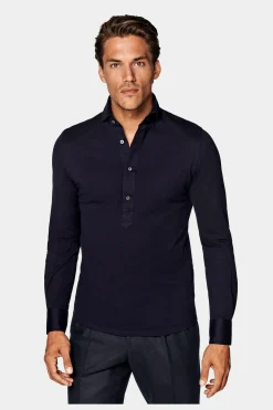 SUITSUPPLY Piqué-Popover Navy In Extra Slim Fit-Männlich Casual Hemden