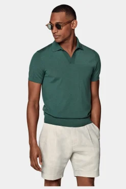 SUITSUPPLY Poloshirt Knopffrei Grün-Männlich Strickware Aus Baumwolle-Seide-Mix
