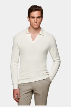 SUITSUPPLY Poloshirt Off-White Langarm Knopffrei-Männlich Poloshirts