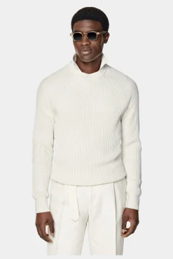 SUITSUPPLY Rundhalspullover Off-White Rippmuster-Männlich Rundhals