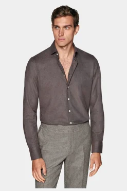 SUITSUPPLY Twill-Hemd Taupe Slim Fit-Männlich Casual Hemden